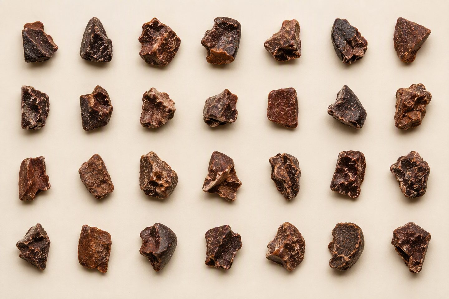 Macro specimen photograph of cacao nibs arranged in a precise grid on a laboratory surface